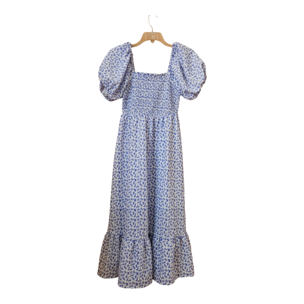 THML Blue and White Floral Midi Dress with Puff Sleeves